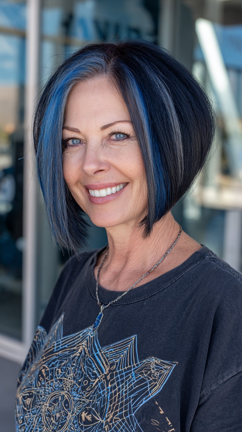 Ink-Blue Face-Framing Angled Stacked Bob