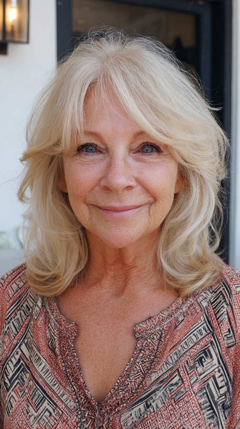 Light Ash Blonde Shoulder-Length Layers with Feathered Curtain Fringe