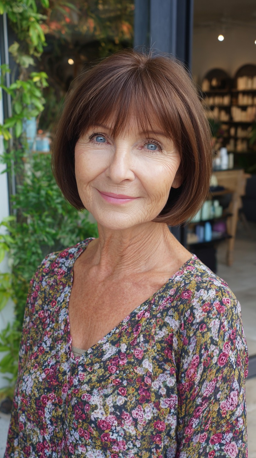 Mahogany Rounded Jaw-Grazing Bob with Soft Sheer Fringe