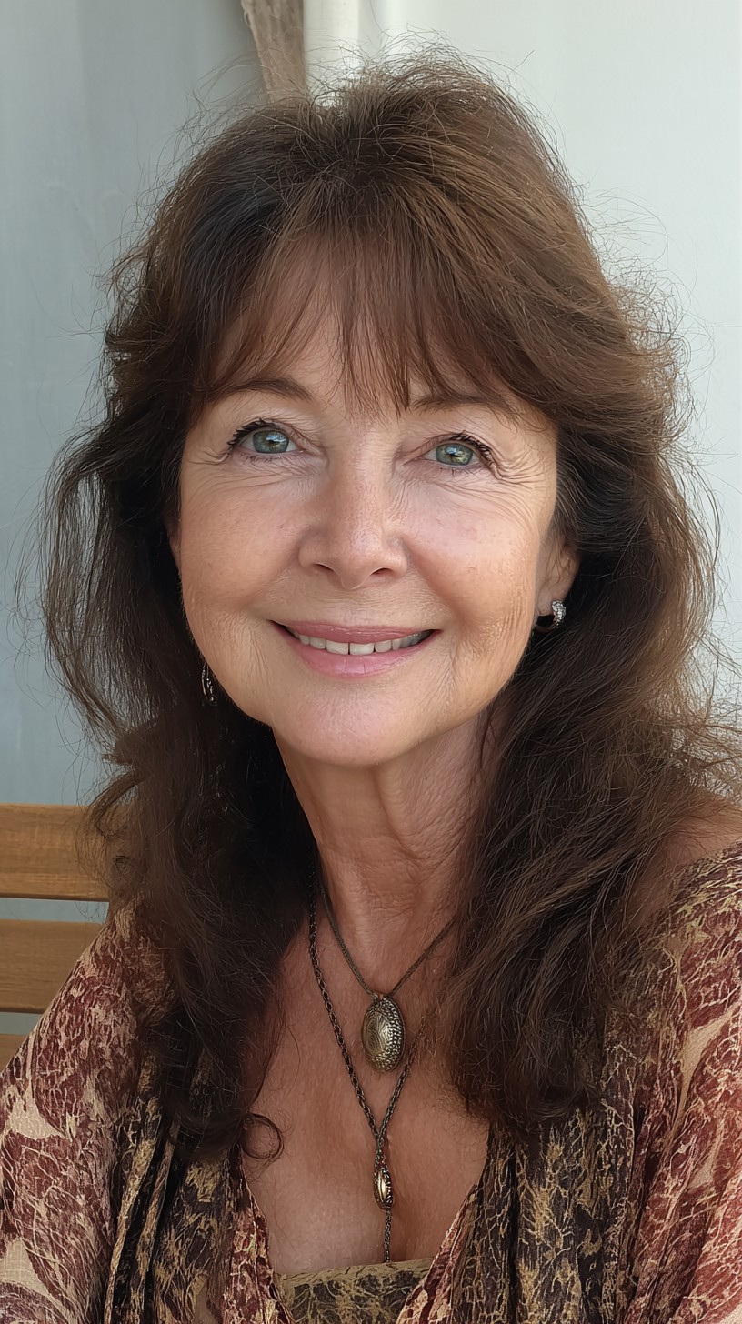 Mid-Length Chestnut Layers with Wispy See-Through Curtain Bangs