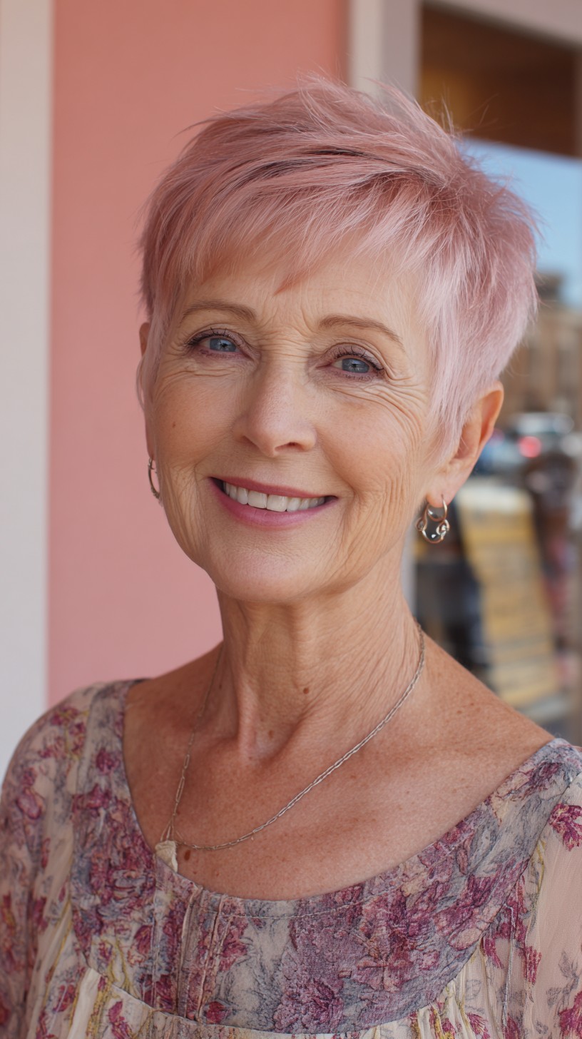Pastel Rose Gold Choppy Pixie with Feathered Micro-Bangs