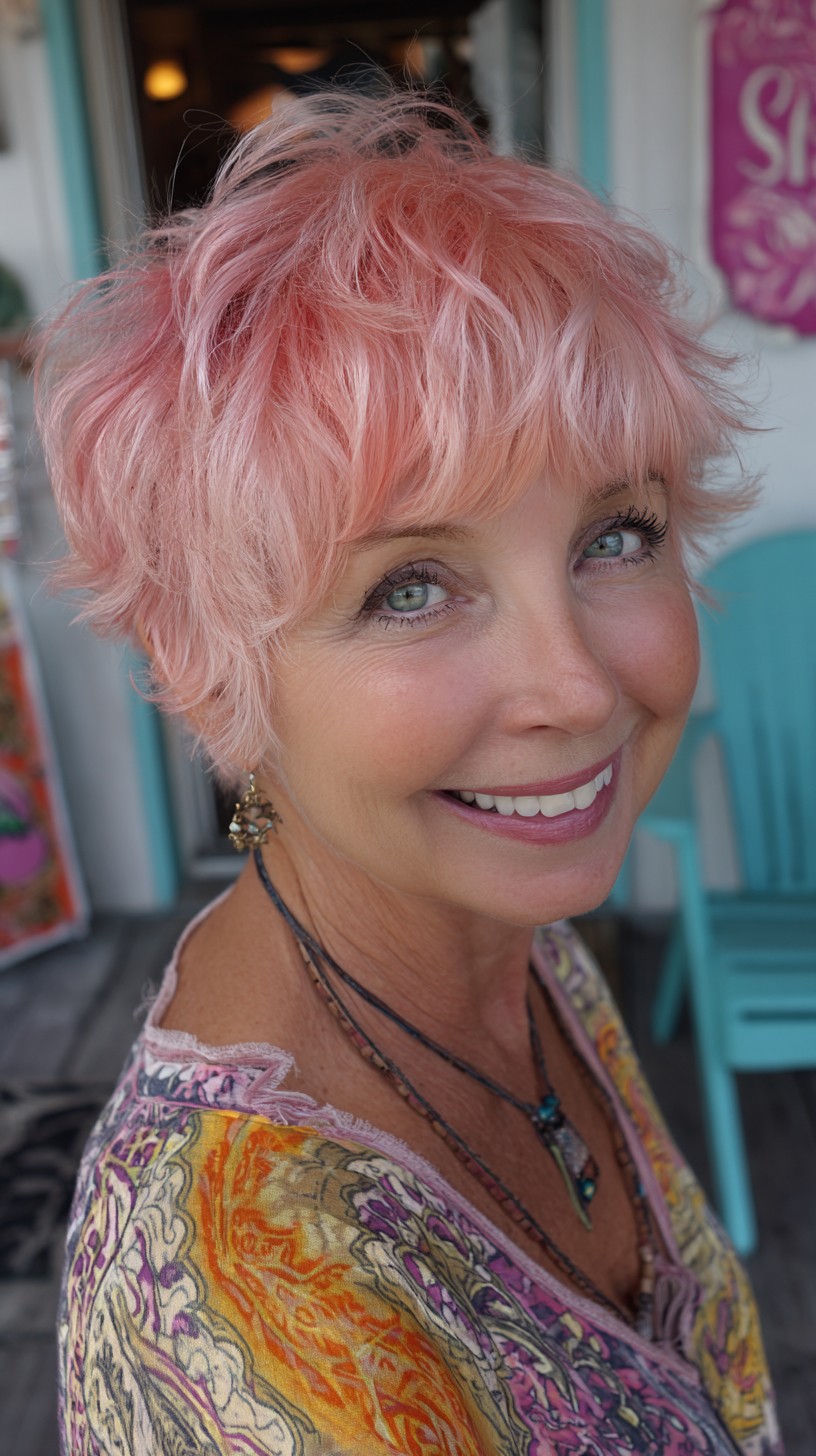 Pearlized Pastel Coral Textured Pixie with Feathered Micro-Layers