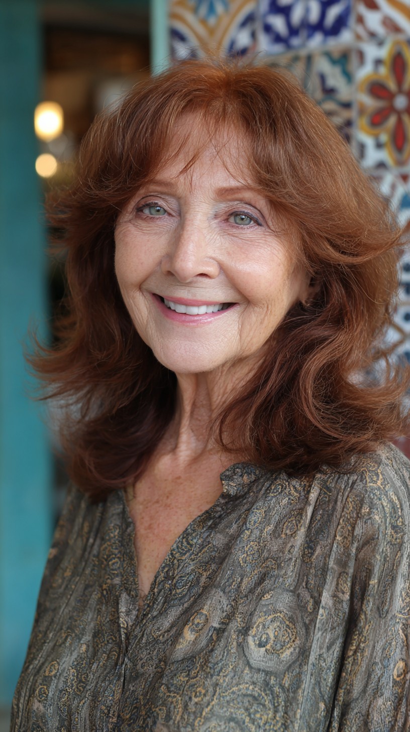 Radiant Auburn Mid-Length Layers with Micro Curtain Bangs