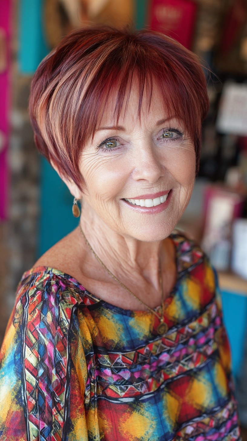 Raspberry Copper Layered Pixie with Face-Framing Babylights