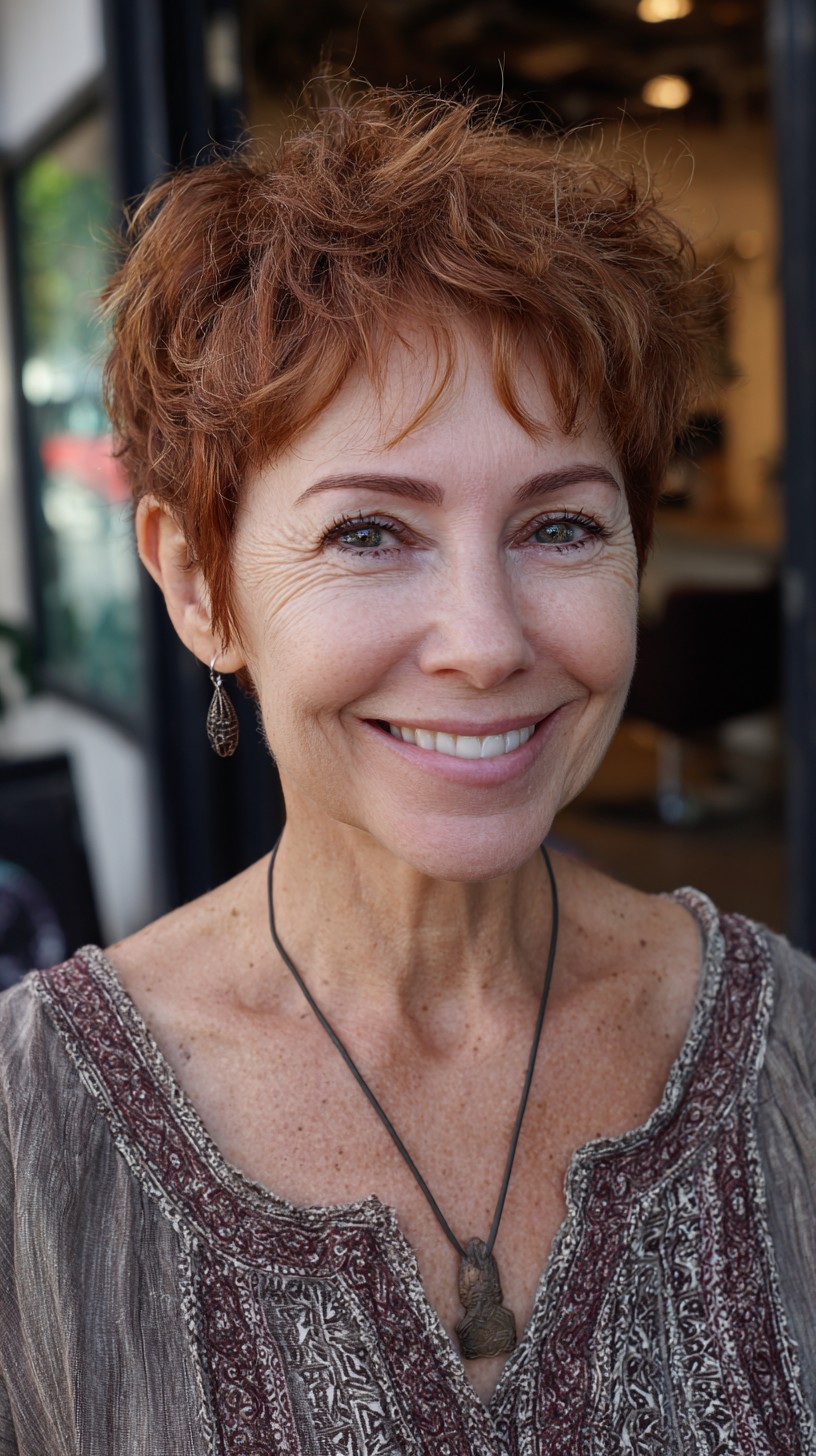 Razor-Textured Auburn Pixie with Crown Lift and Wispy Fringe