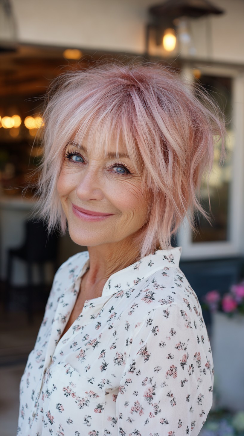 Rose-Gold Pastel Choppy Bob with Soft Root Shadow