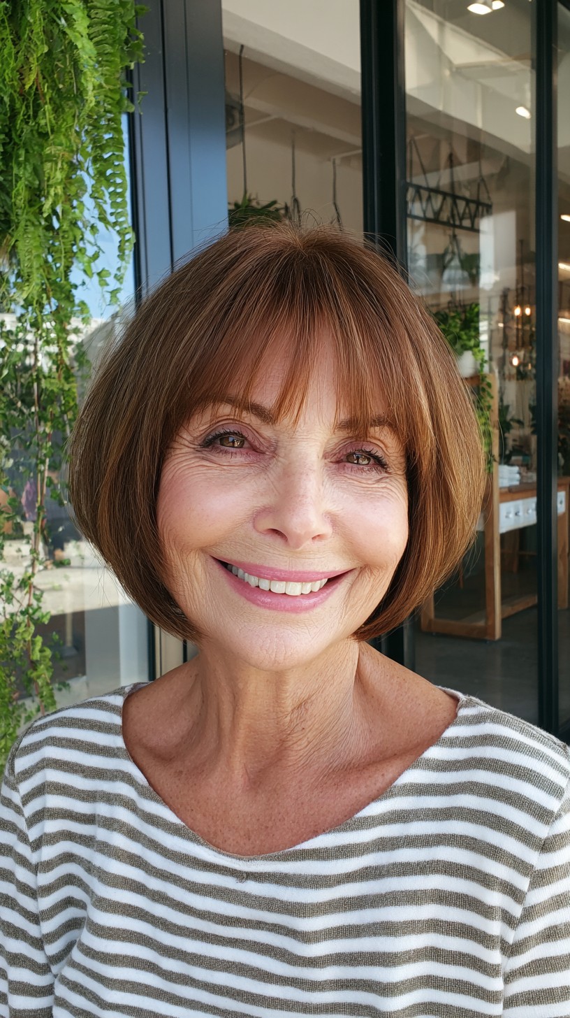 Round Chestnut Bob with Micro-Fringe and Crown Layering