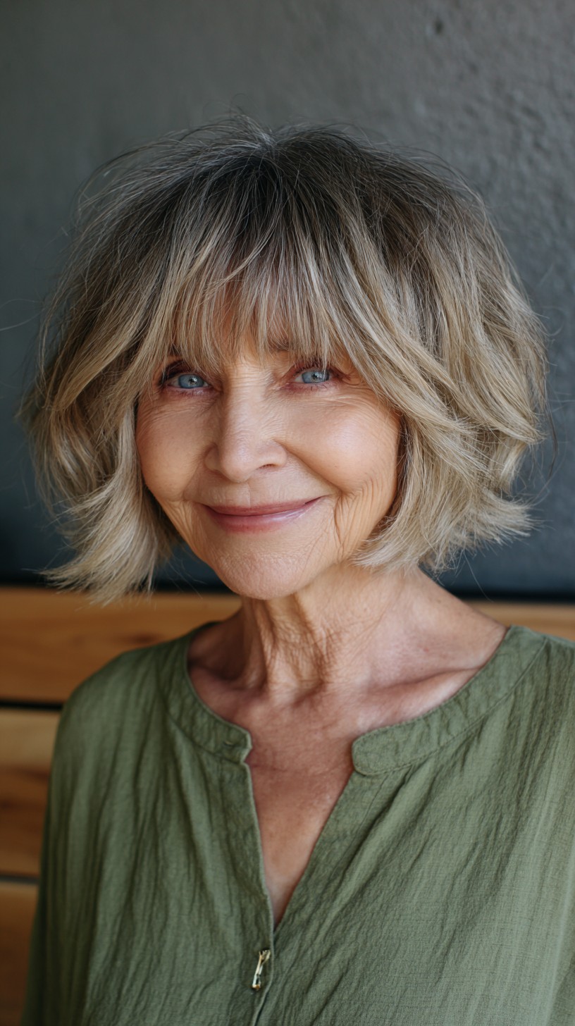 Salt-and-Pepper Feathered Chin-Length Bob with Wispy Fringe