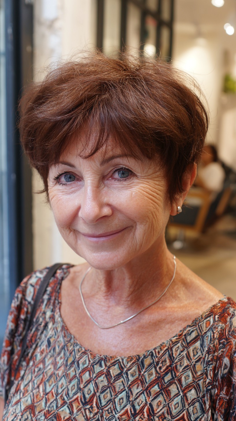 Short Chestnut Pixie with Bottleneck Fringe and Stacked Crown