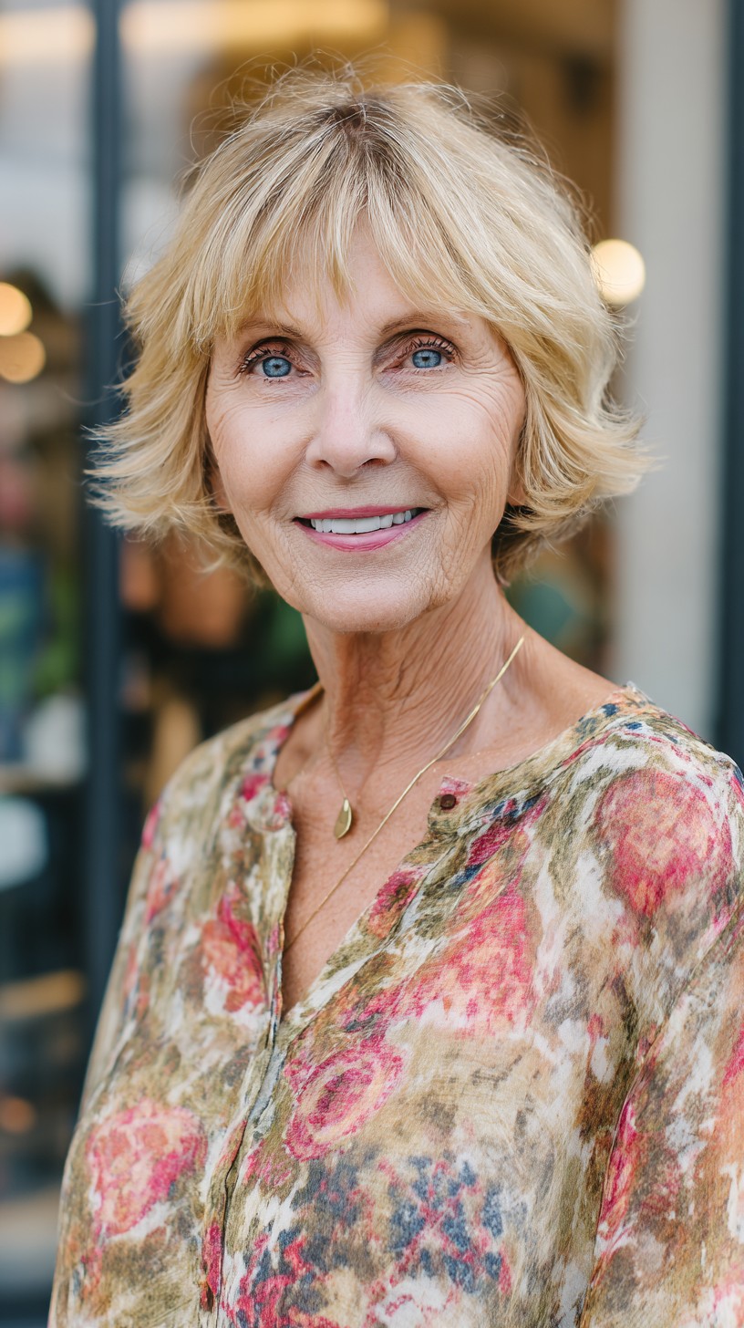 Short Feathered Blonde Bottleneck Bob with Wispy Fringe