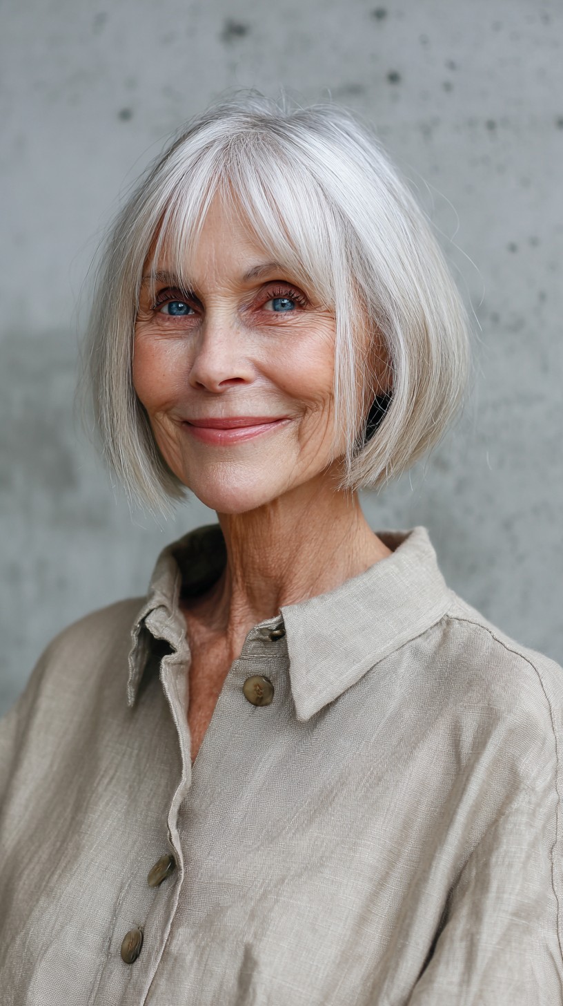 Silver Chin-Length Bob with Bottleneck Fringe and Internal Graduation