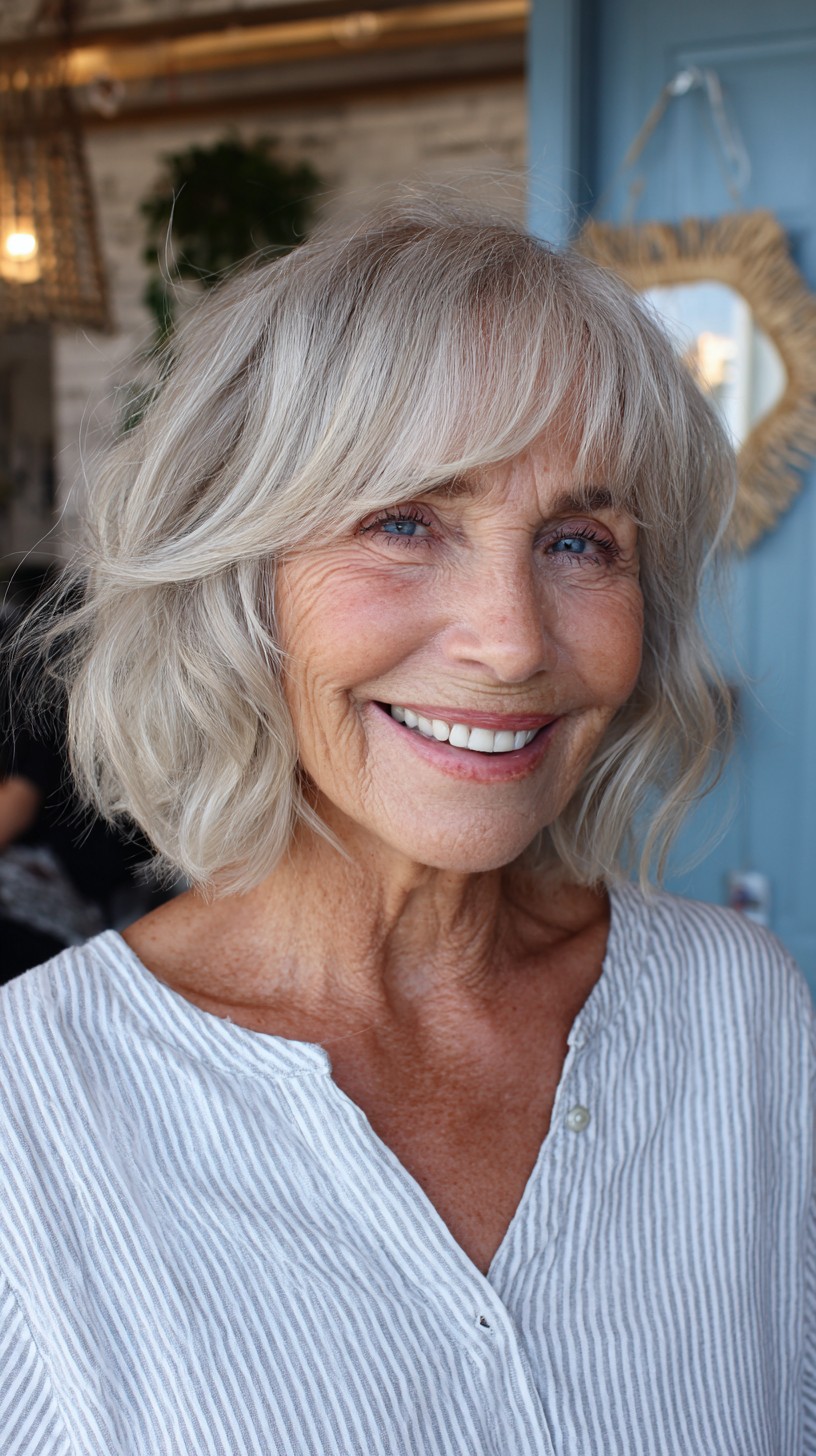 Silver-Textured Chin-Grazing Bob with Sheer Curtain Fringe