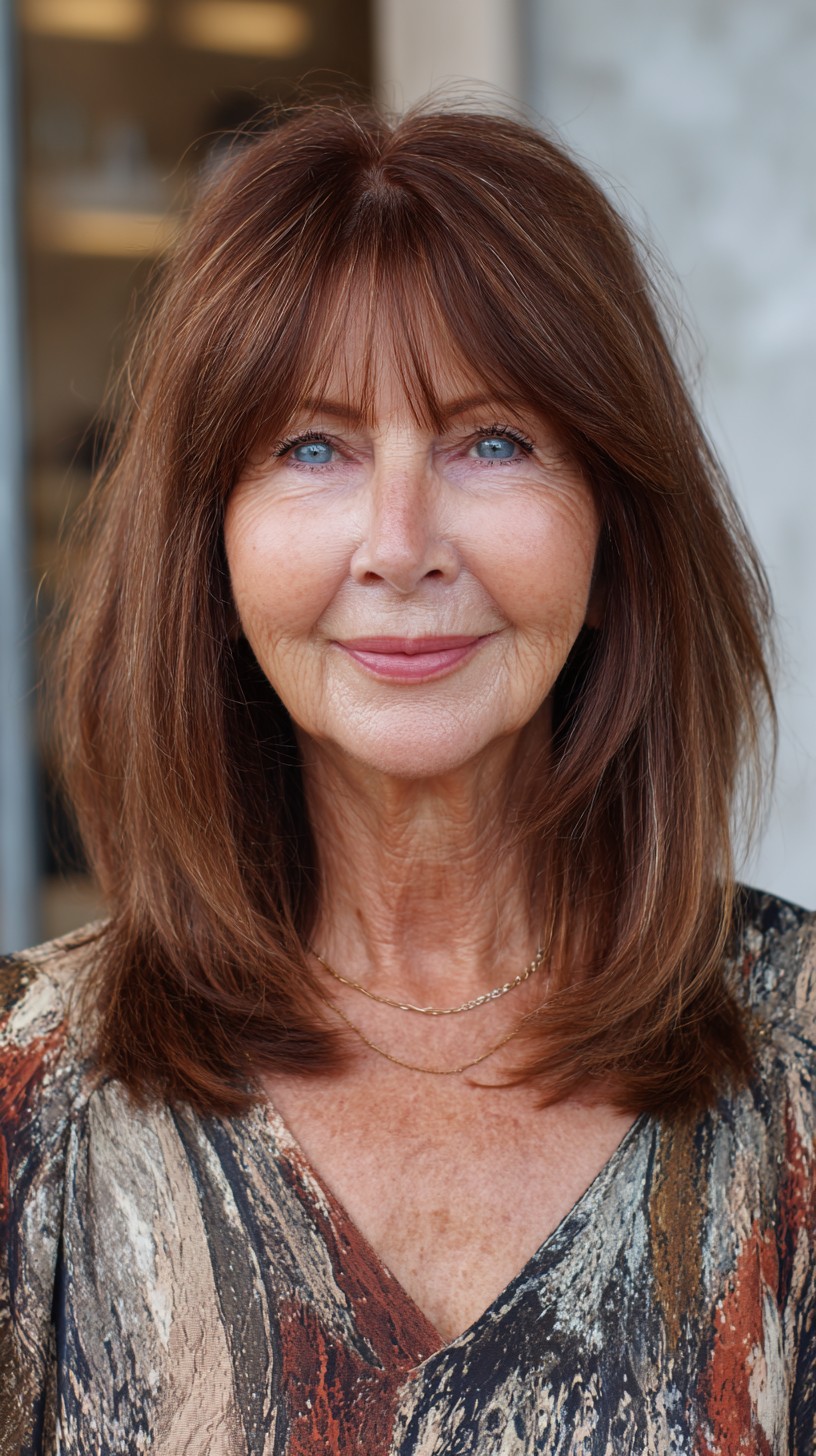 Sleek Chestnut Mid-Length Layers with Wispy Center-Parted Curtain Bangs