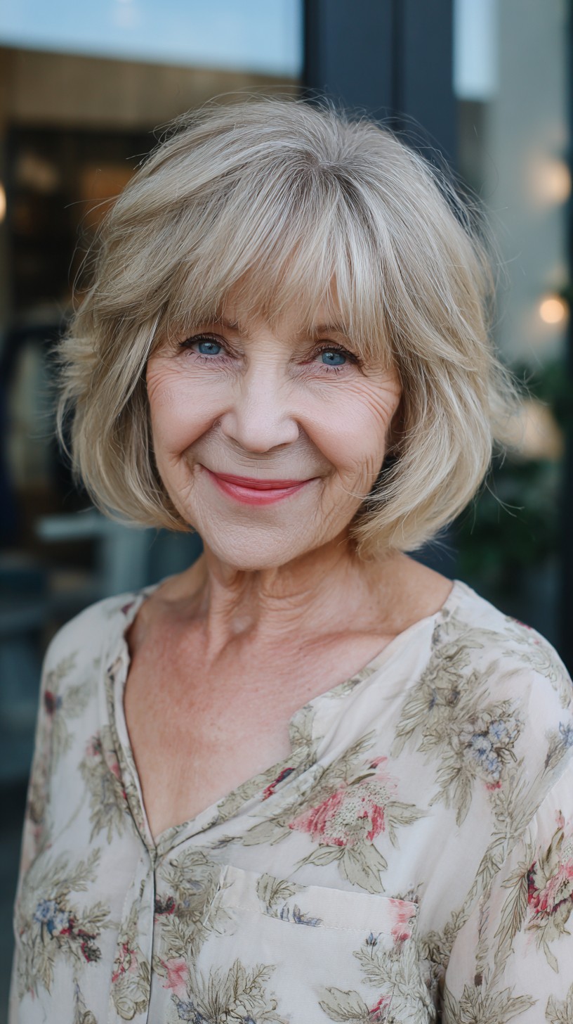 Soft Ash-Blonde Rounded Bob with Textured Brow-Grazing Bangs