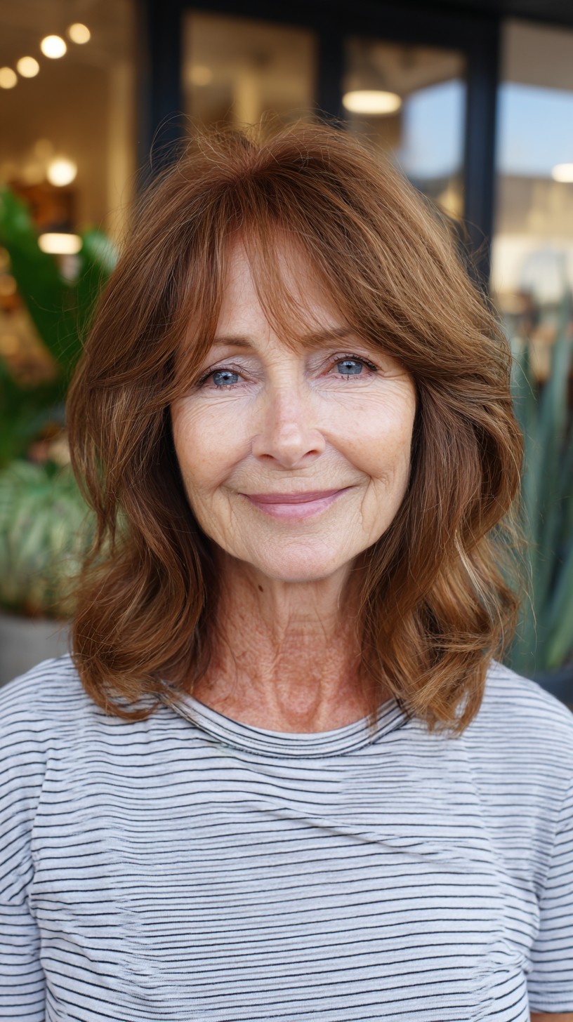 Soft Auburn Shoulder-Length Cut with Feathered Curtain Bangs
