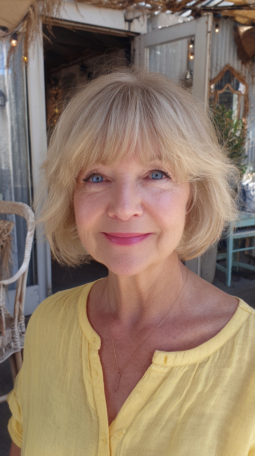 Soft Blonde Layered Chin-Length Bob with Airy Curtain Bangs