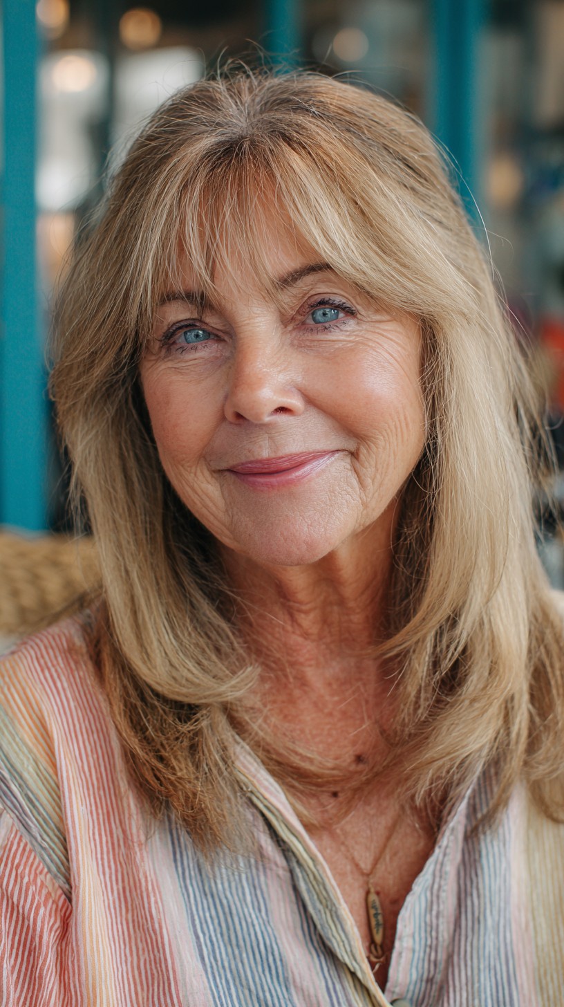 Soft Blonde Shoulder-Length Cut with Wispy Curtain Fringe