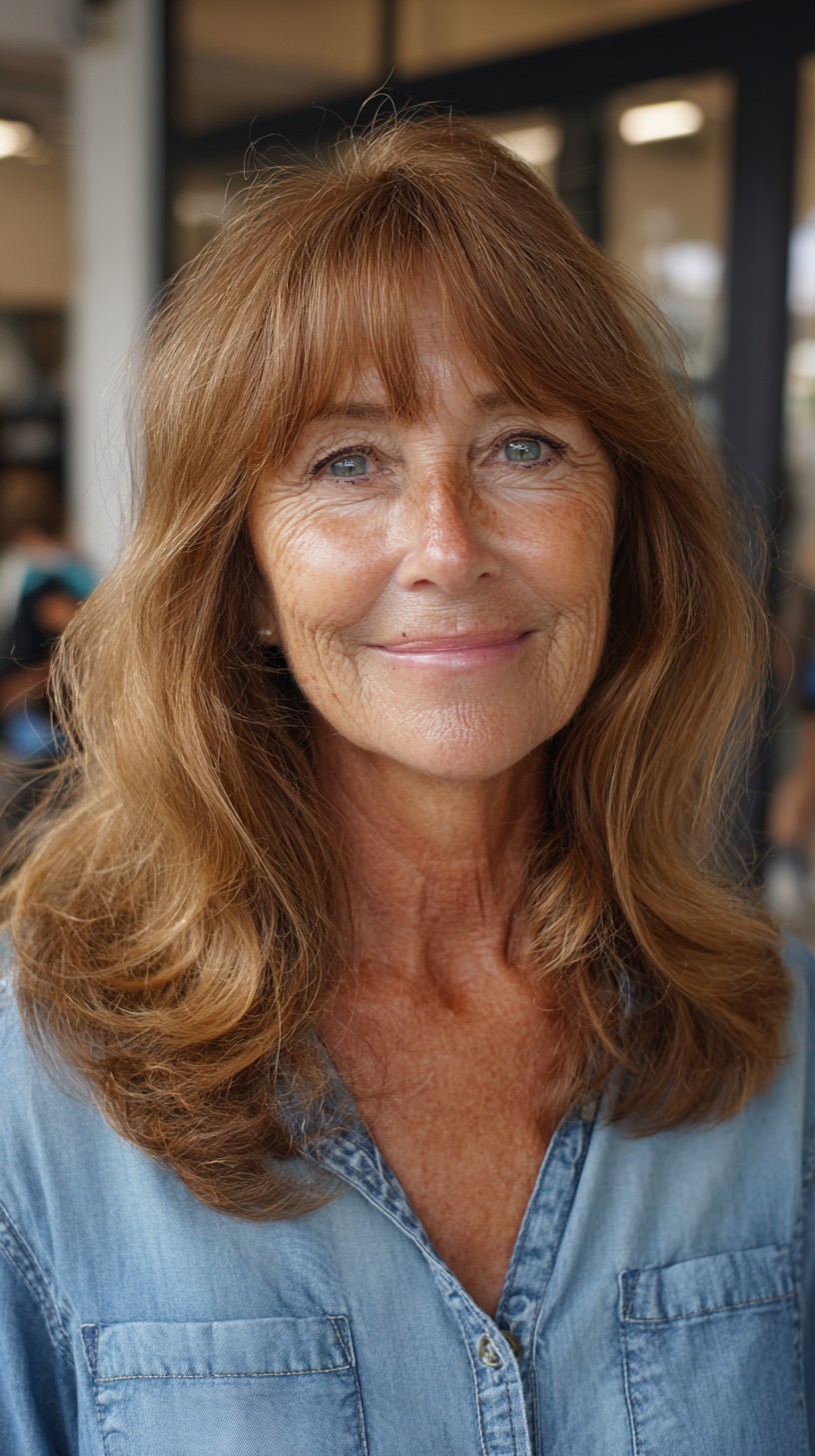 Soft Copper Shoulder-Length Cut with Wispy Curtain Fringe