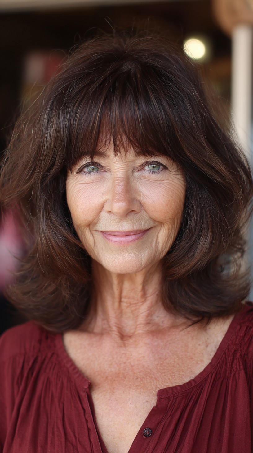 Soft Feathered Chestnut Bob with Wispy Brow-Grazing Fringe