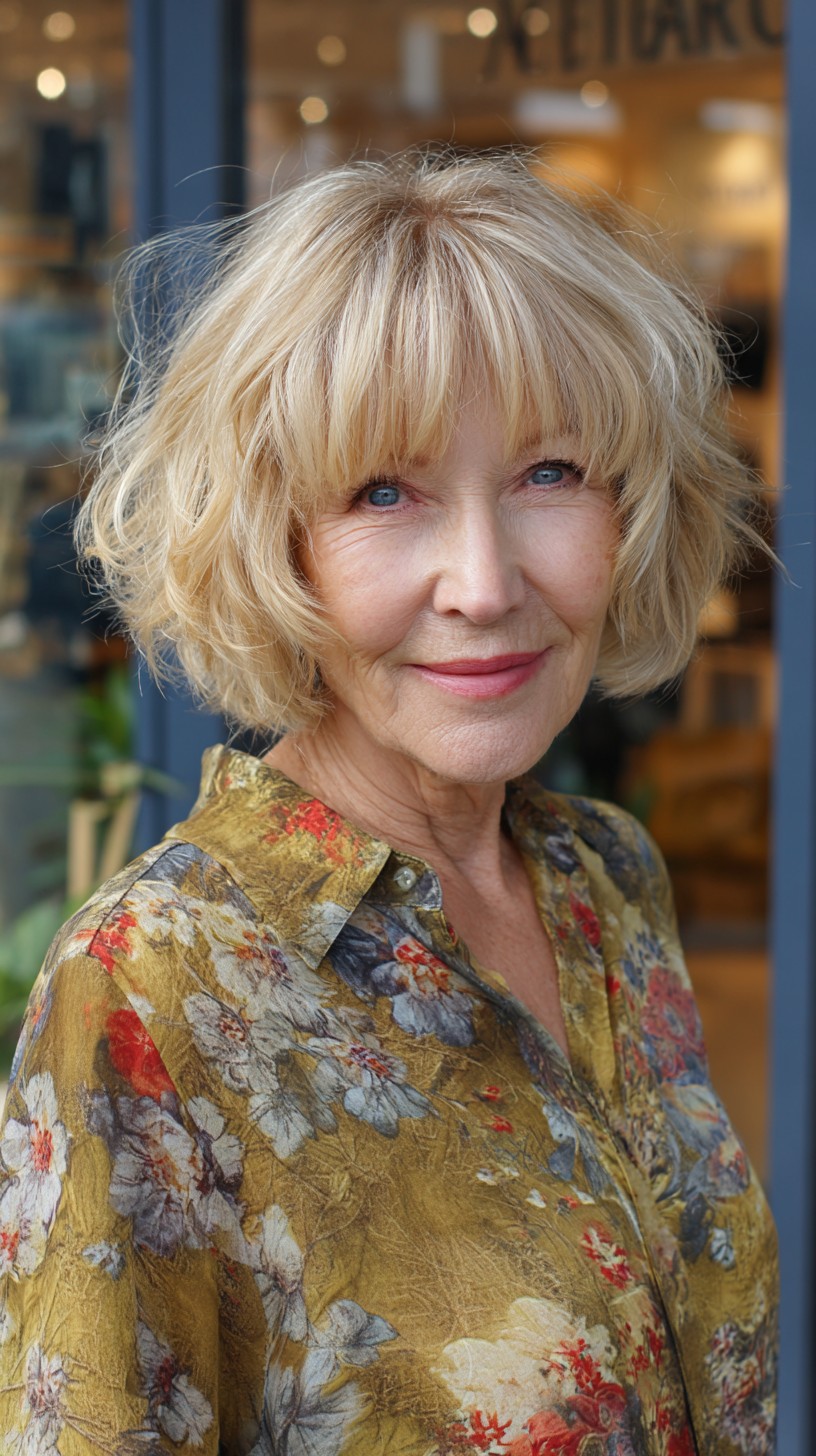Soft Layered Blonde Bottleneck Bob with Wispy Fringe
