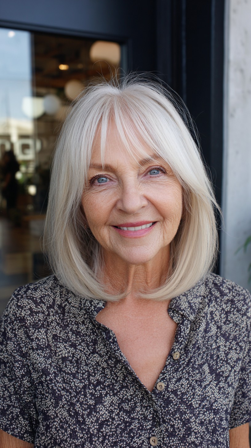 Soft Platinum Mid-Lob with Subtle Face-Framing Curtain Bangs