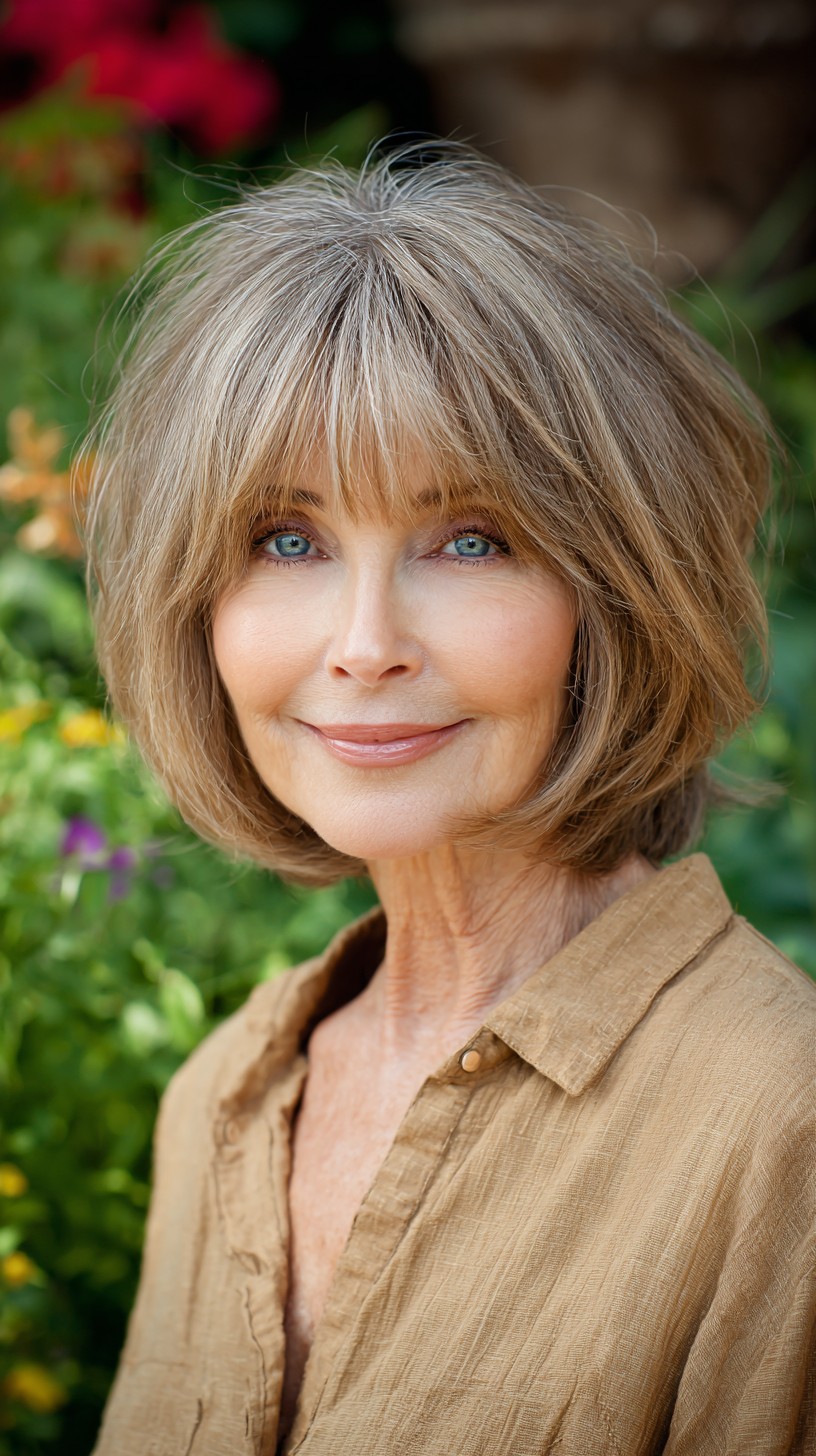 Soft Rounded Layered Bob with Tapered Fringe and Natural Silver-Brown Blend