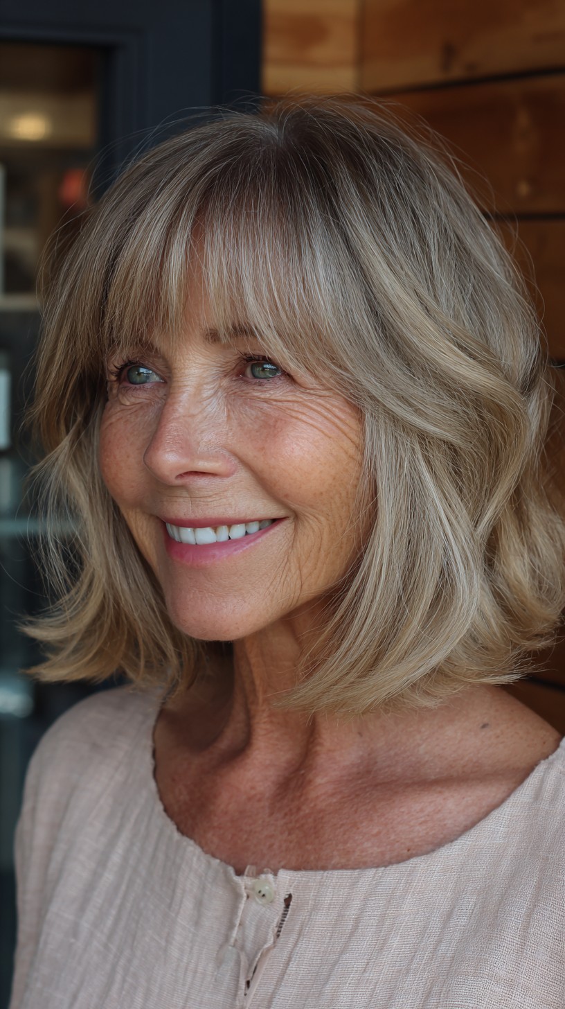 Soft Silver-Blend Mid-Lob with Curtain Micro-Bangs and Crown Lift
