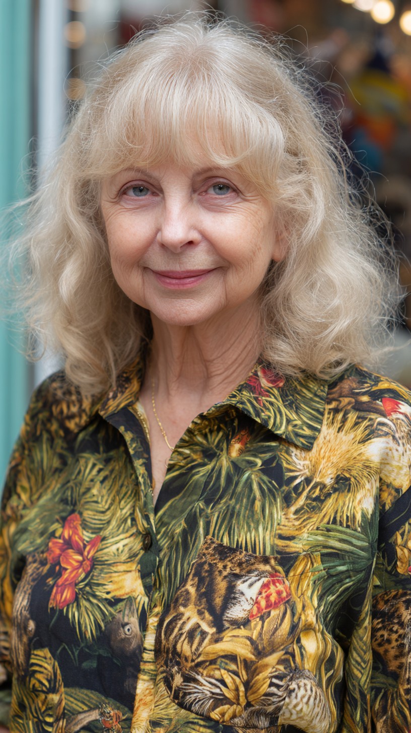 Soft Silver Shoulder-Length Cut with Feathered Curtain Fringe and Crown Lift