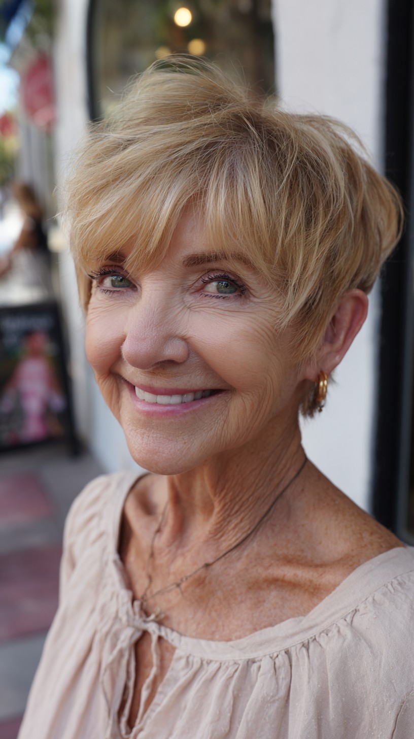 Sunlit Short Layered Pixie with Soft Side-Swept Bangs