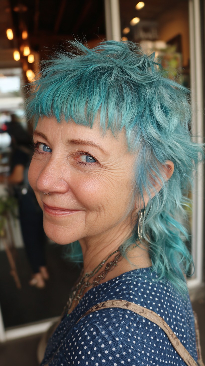 Teal Textured Mullet with Choppy Micro-Bangs