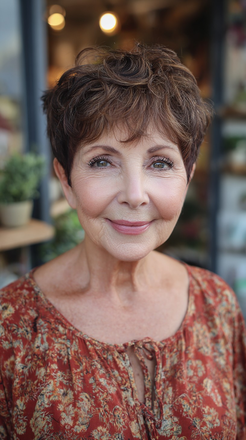 Textured Brown Pixie with Brow-Skimming Wisps