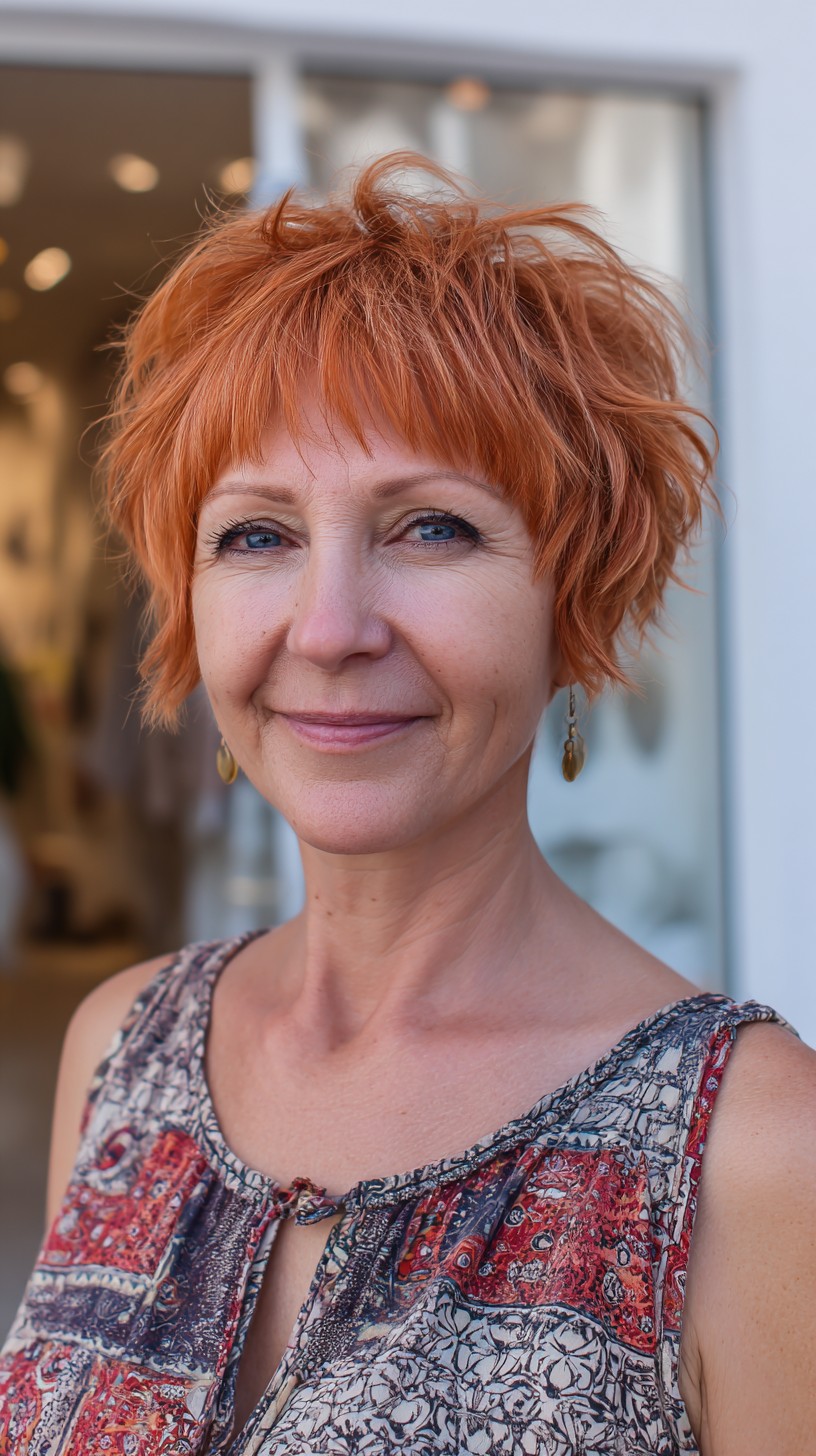 Textured Copper Shaggy Pixie with Micro Fringe and Lifted Crown