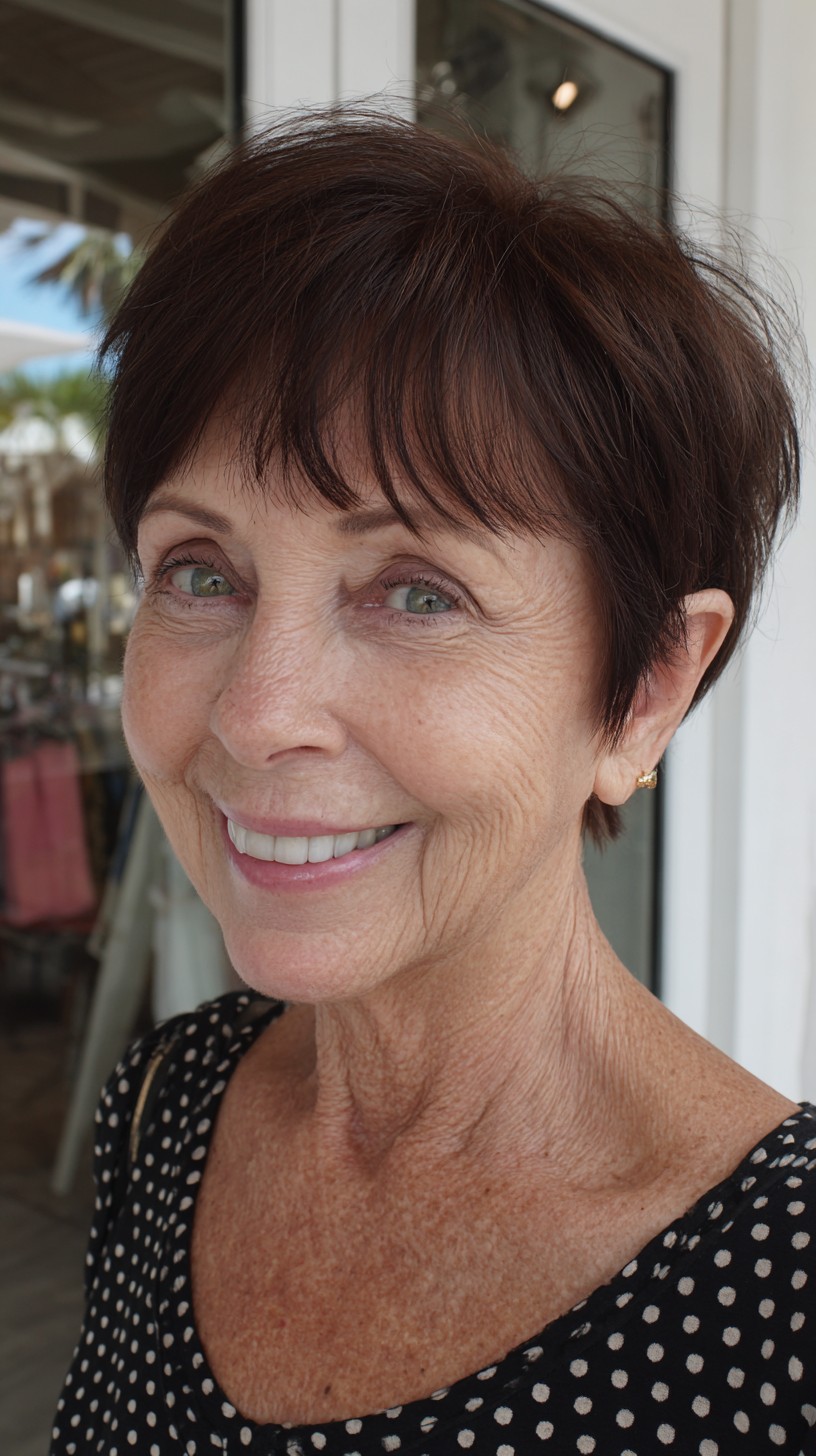 Textured Espresso Pixie with Sheer Brow-Grazing Fringe