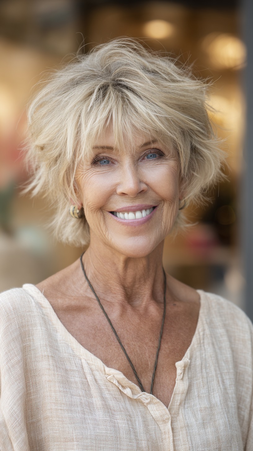 Textured Short Shag with Layered Bottleneck Fringe and Root Lift