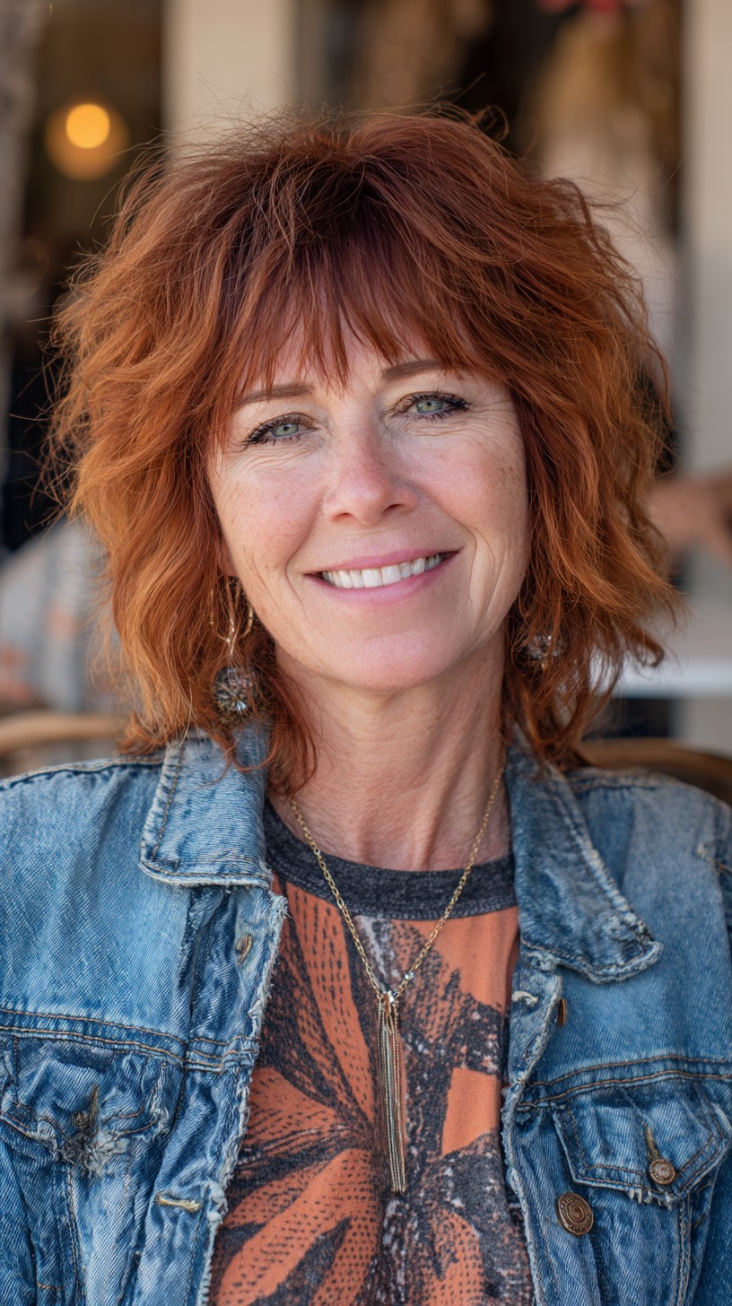 Tousled Auburn Chin-to-Shoulder Shag with Soft Micro-Fringe and Root Shadow