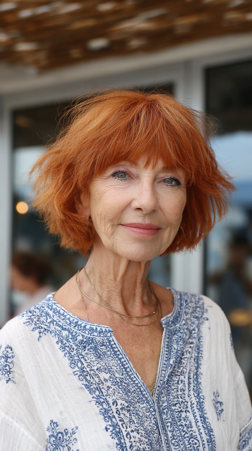 Vibrant Copper Choppy Chin-Length Bob with Wispy Micro-Bangs