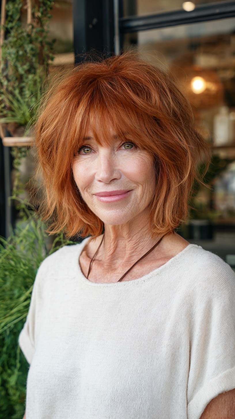 Voluminous Copper Feathered Bob with Wispy Long Fringe
