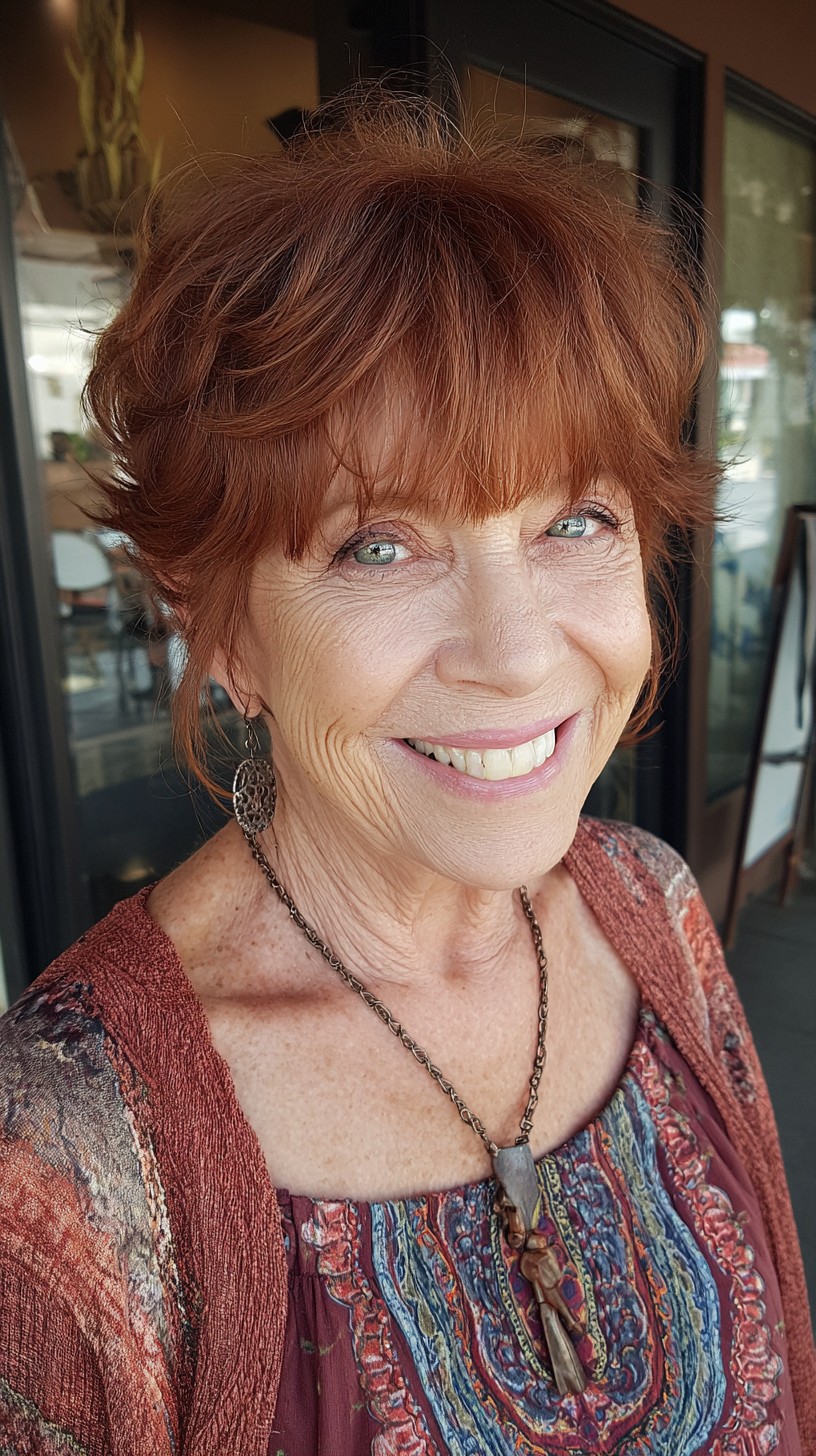 Warm Auburn Feathered Short Crop with Wispy Micro-Bangs