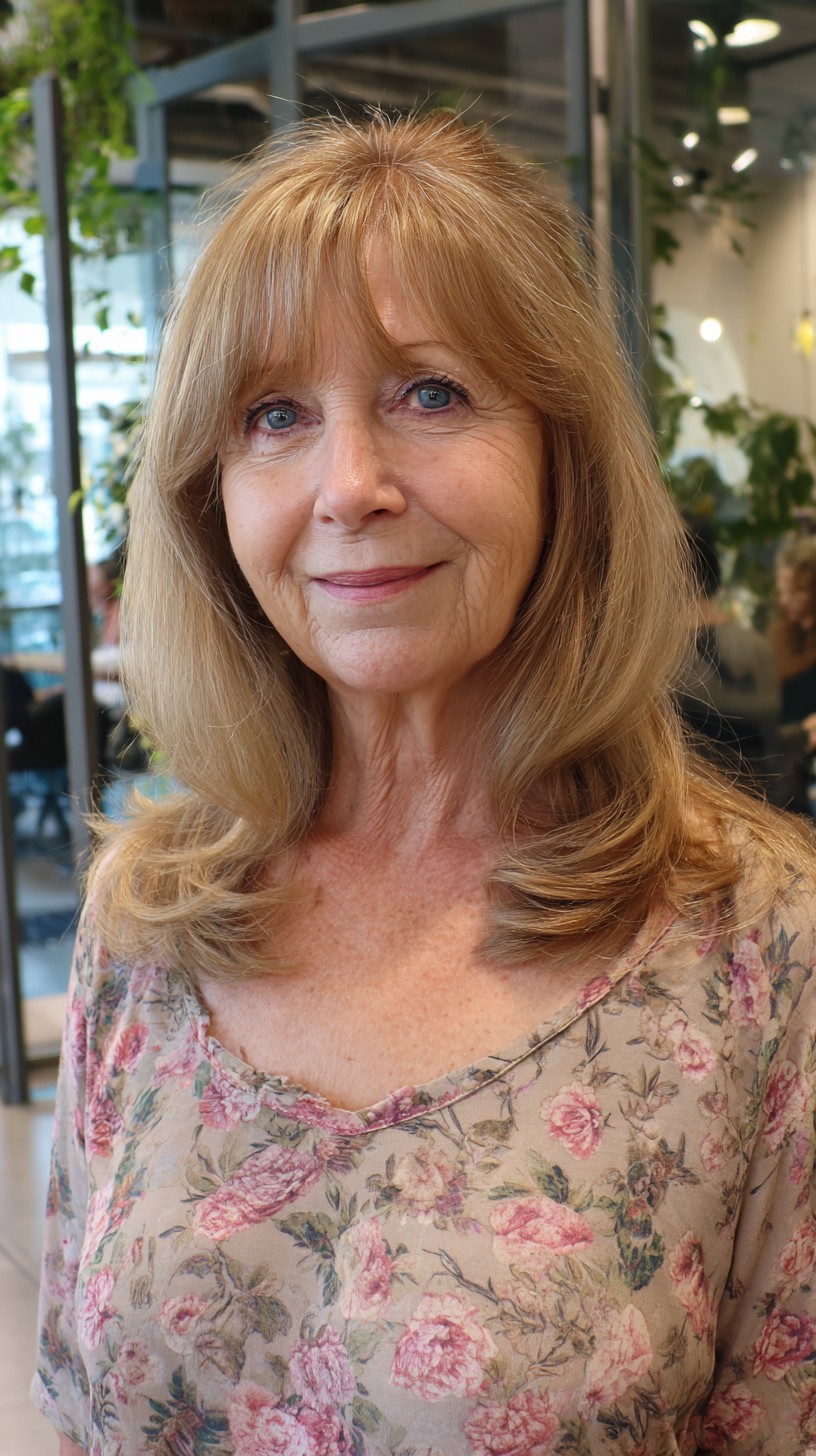 Warm Blonde Mid-Length Layers with Wispy Curtain Micro-Bangs