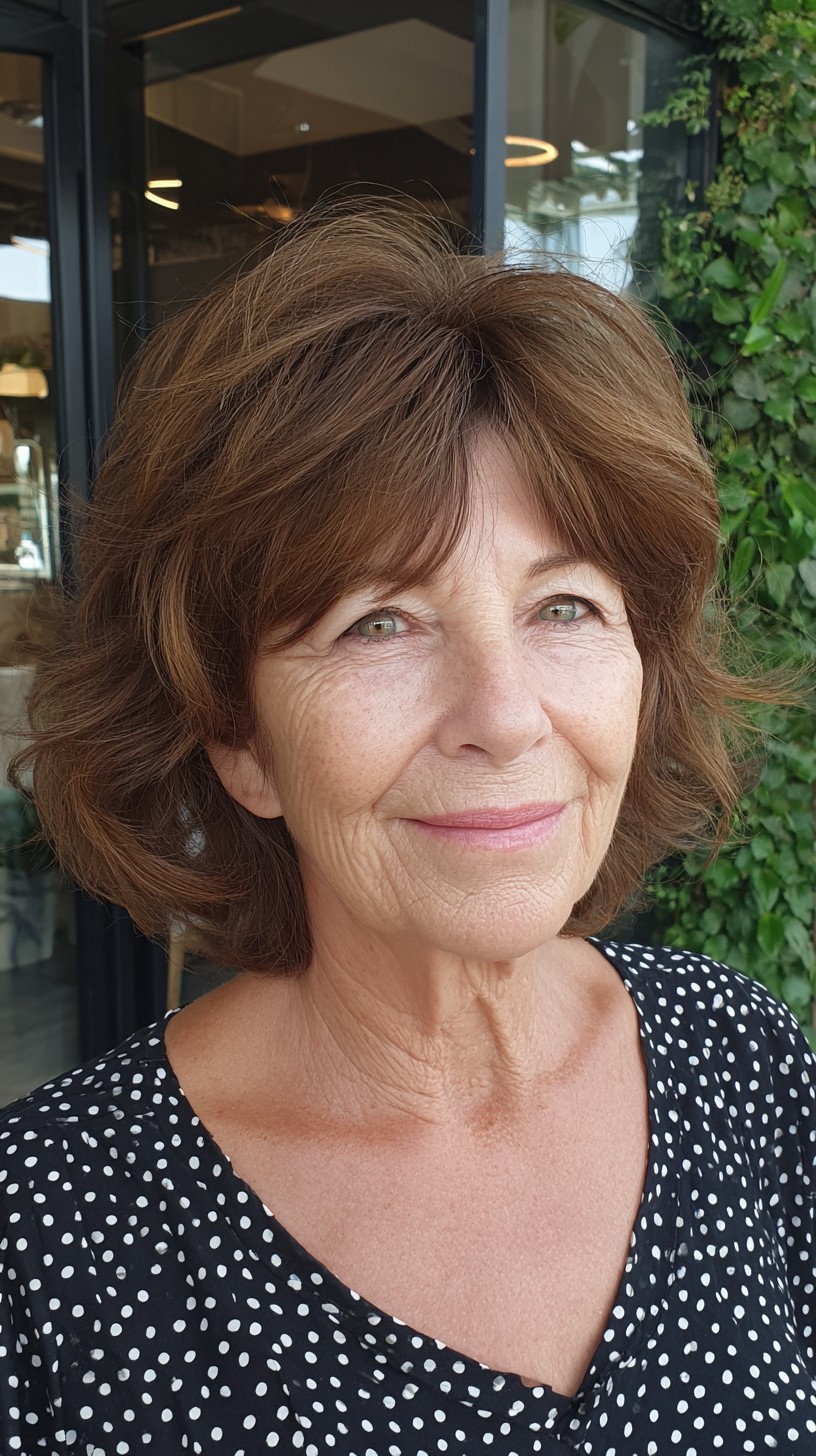 Warm Chestnut Feathered Bottleneck Bangs with Crown Lift