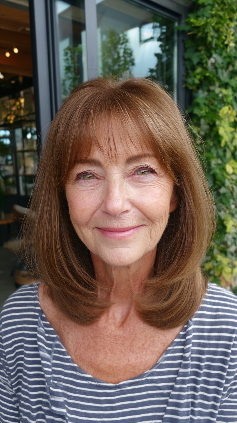 Warm Chestnut Mid-Lob with Wispy Curtain Fringe and Pageboy Flip