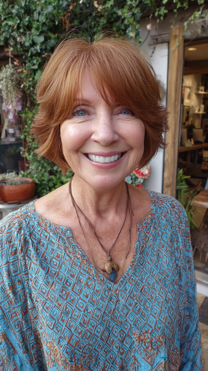 Warm Copper Chin-Grazing Bob with Feathered Curtain Fringe