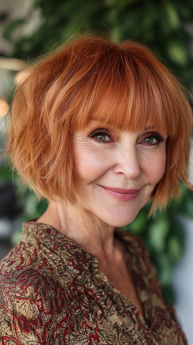 Warm Copper Jaw-Grazing Bob with Textured Blunt Fringe