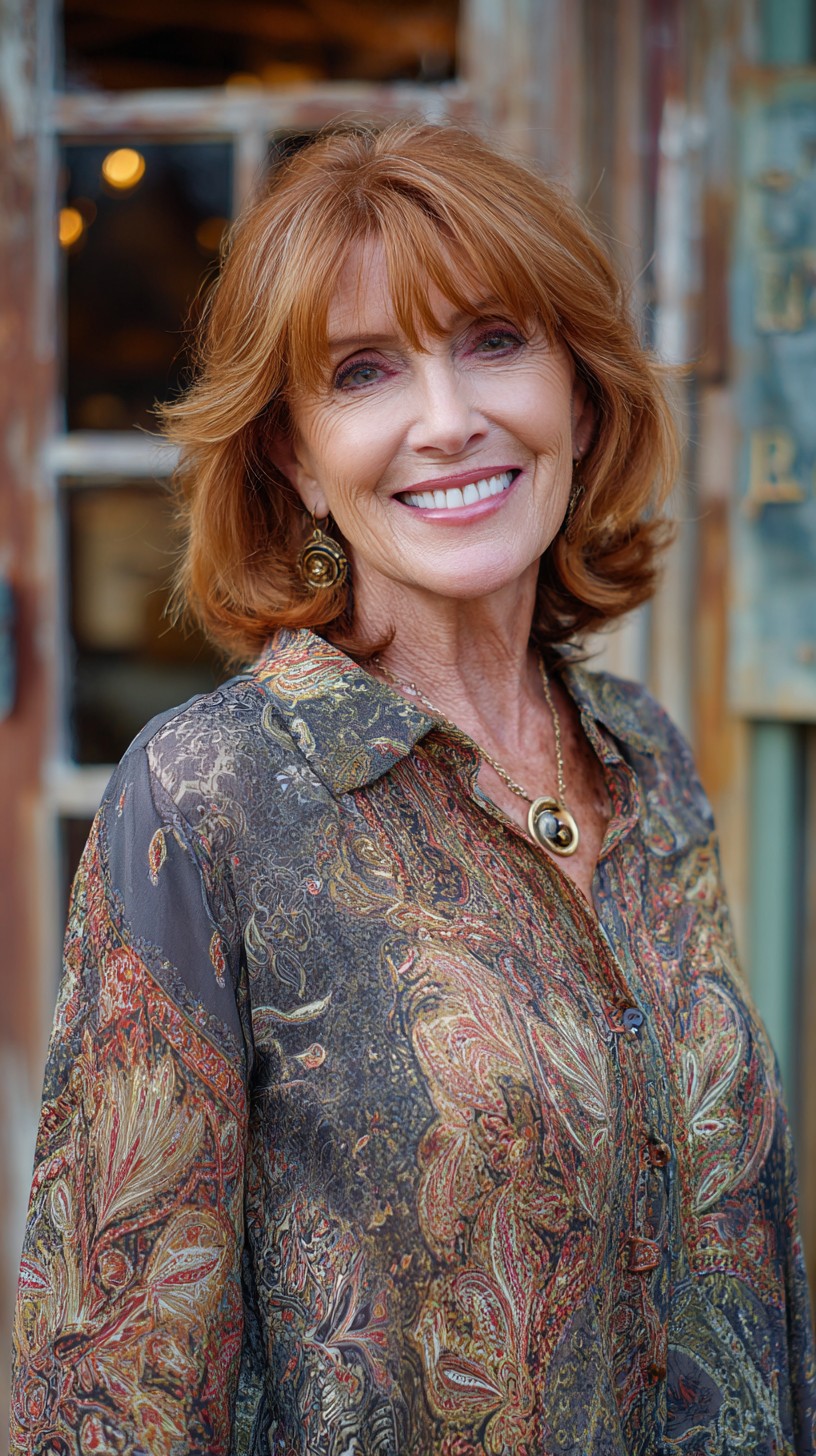 Warm Copper Mid-Lob with Feathered Curtain Fringe and Flipped Ends