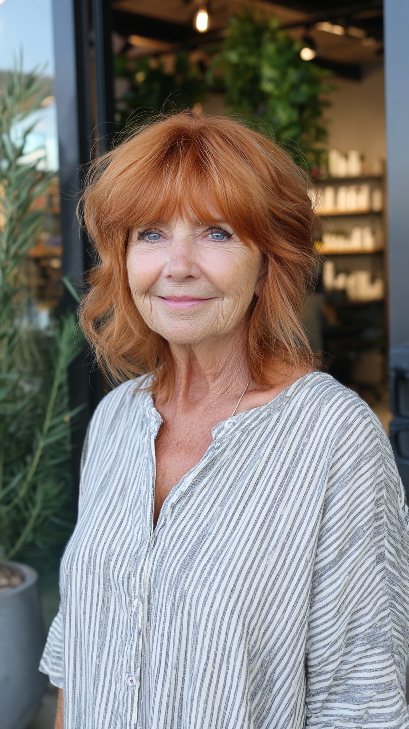 Warm Copper Shoulder-Length Shag with Feathered Brow-Skimming Fringe