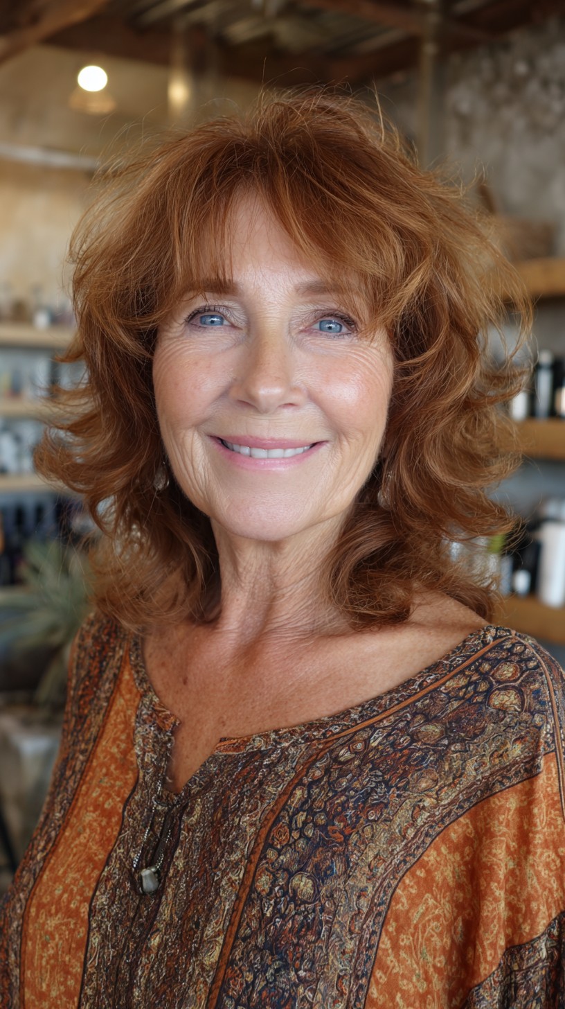 Warm Copper Textured Shoulder-Length Layers with Wispy Curtain Bangs