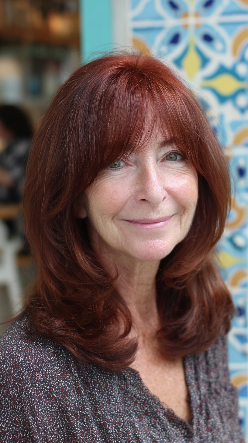 Warm Mahogany Mid-Length Cut with Feathery Curtain Fringe