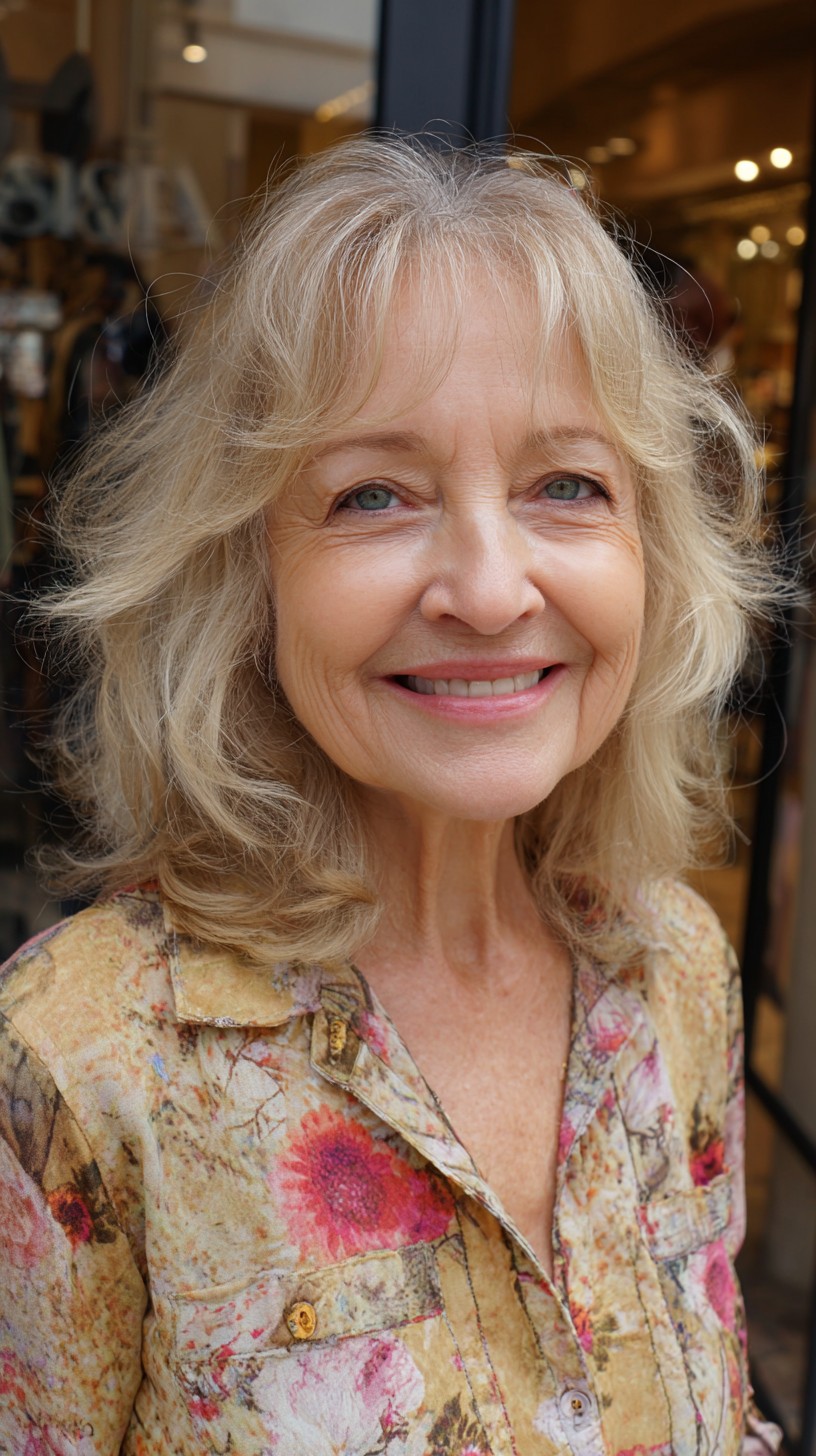 Windblown Mid-Lob with Feathered Curtain Fringe and Silver-Blonde Babylights
