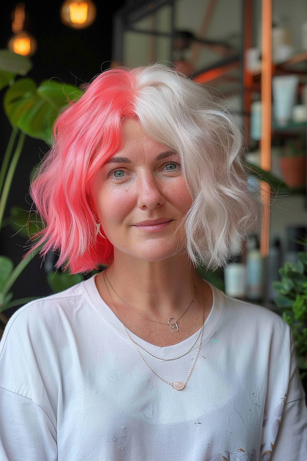 Chic short, wavy hair in coral pink and platinum, tailored for a sophisticated yet playful look for women over 40.