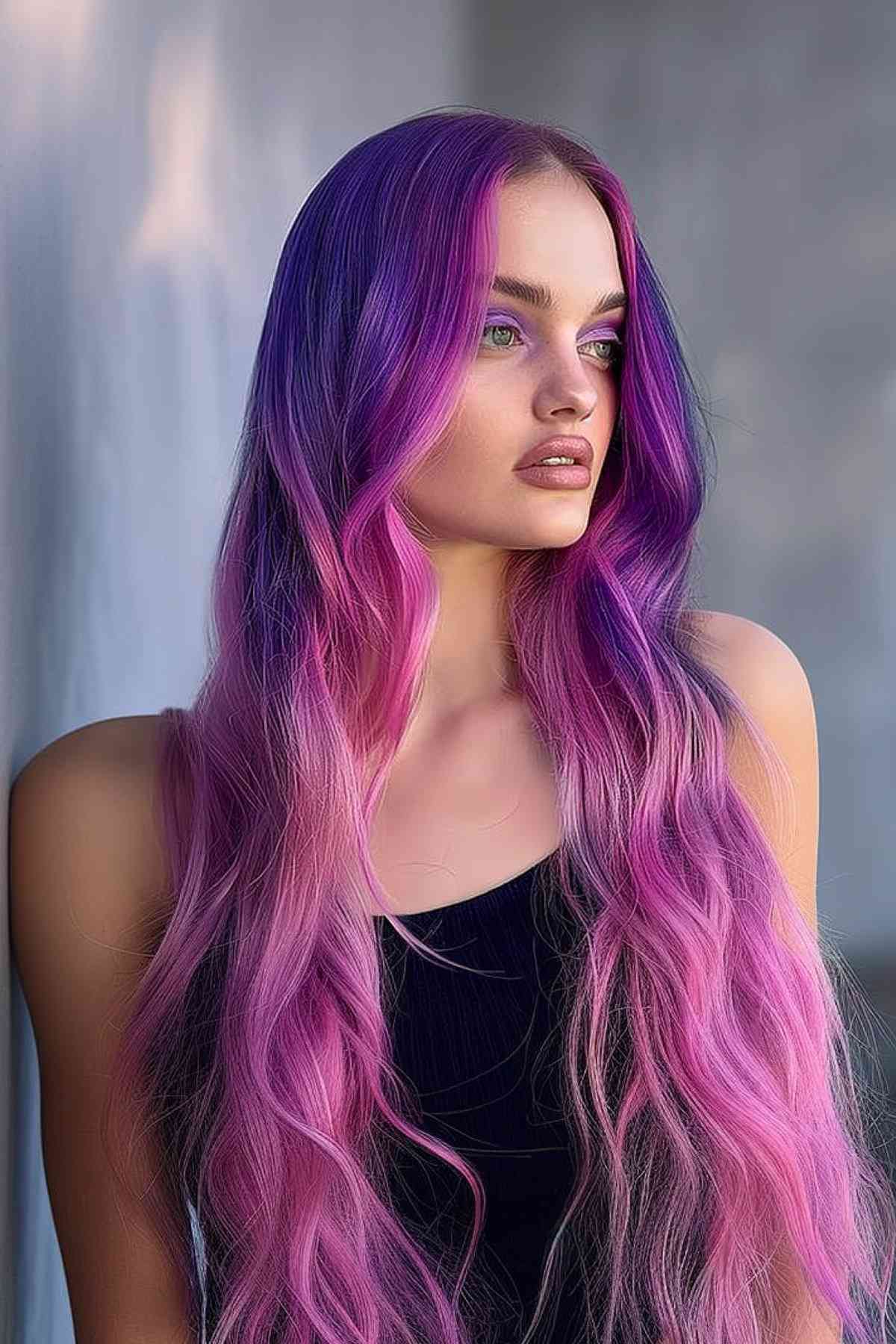 Long Wavy Hair with Gemini-Inspired Purple to Pink Gradient